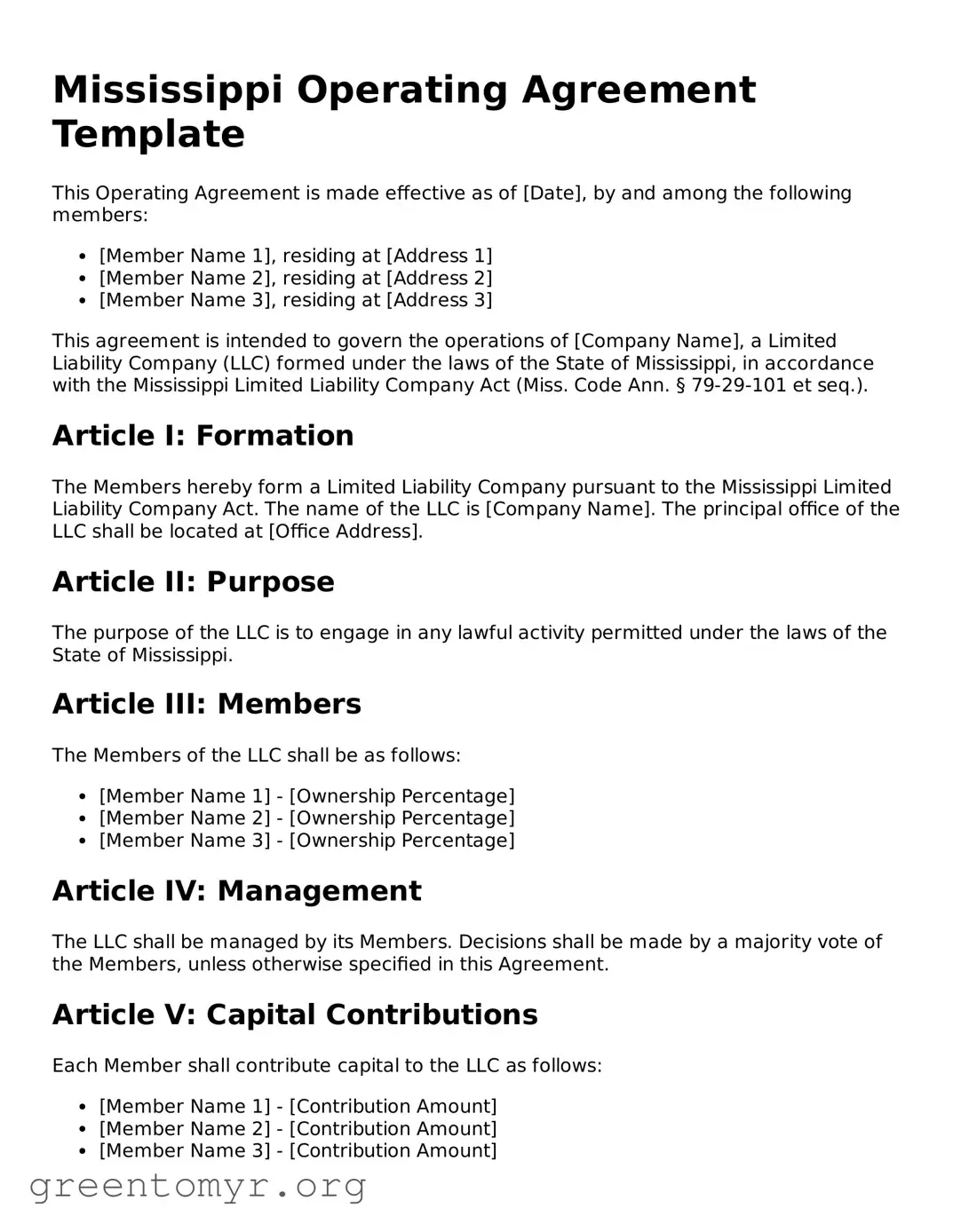 Operating Agreement Form for the State of Mississippi