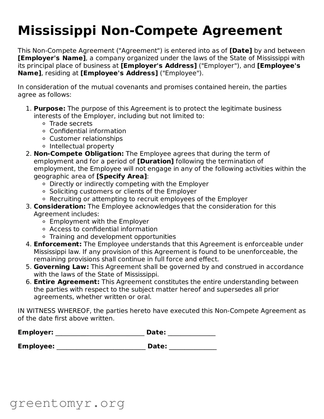 Non-compete Agreement Form for the State of Mississippi