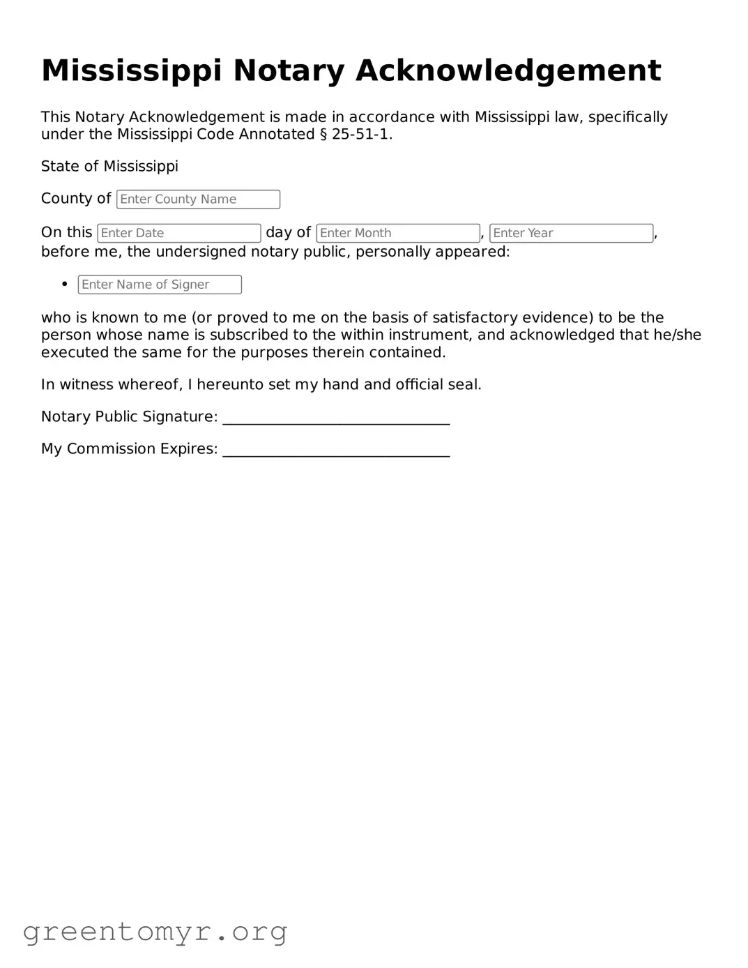 Notary Acknowledgement Form for the State of Mississippi