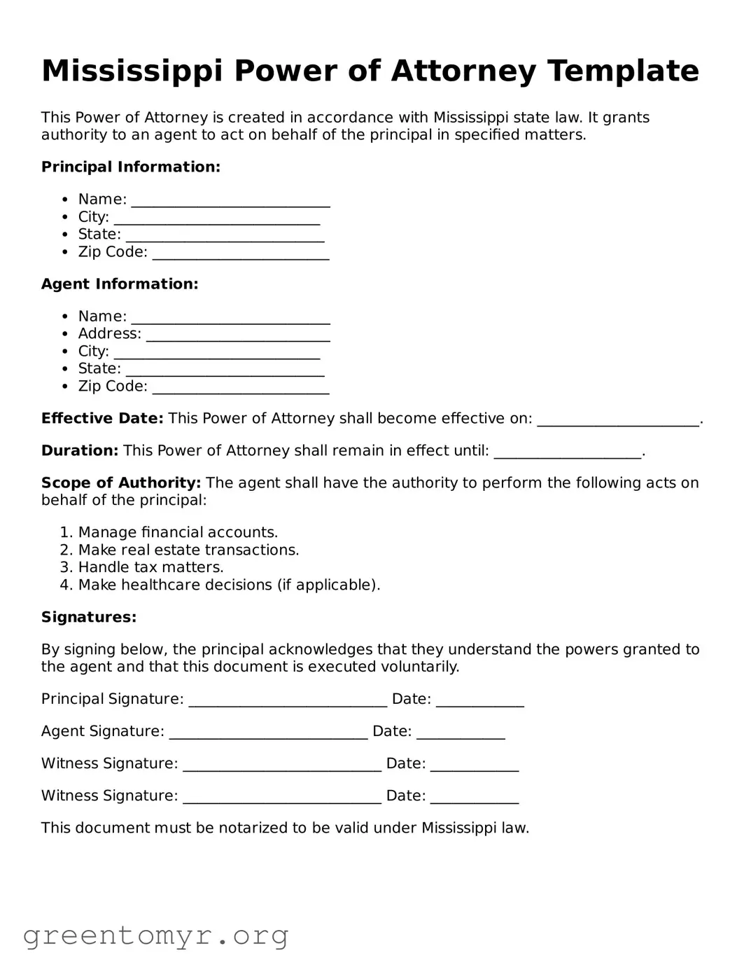 Power of Attorney Form for the State of Mississippi