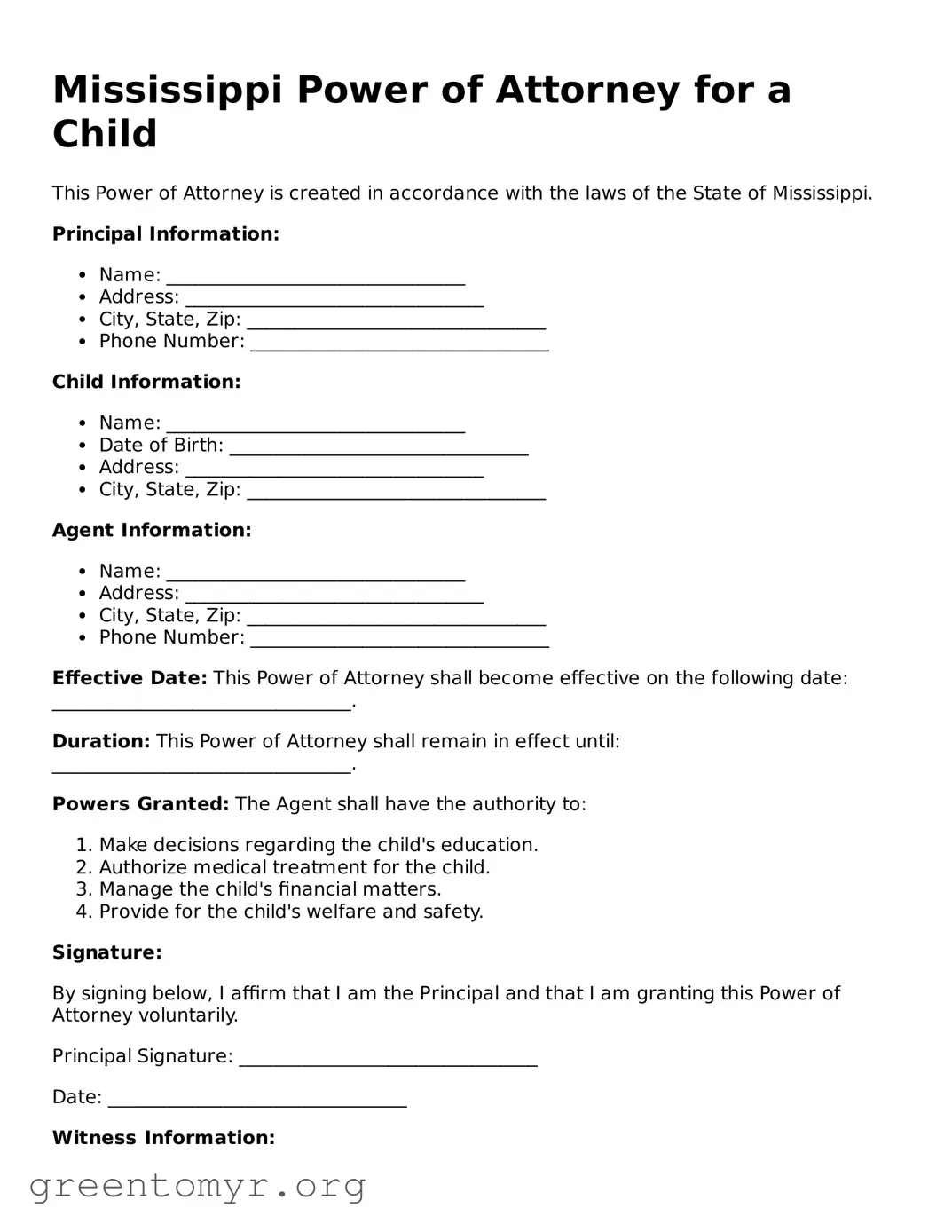 Power of Attorney for a Child Form for the State of Mississippi