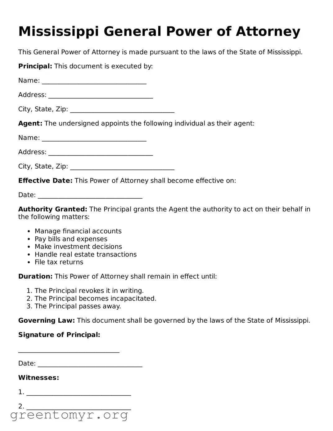 General Power of Attorney Form for the State of Mississippi