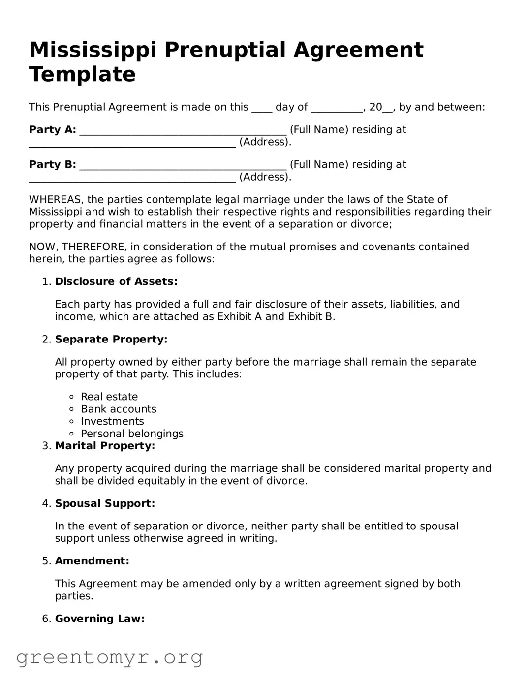 Prenuptial Agreement Form for the State of Mississippi