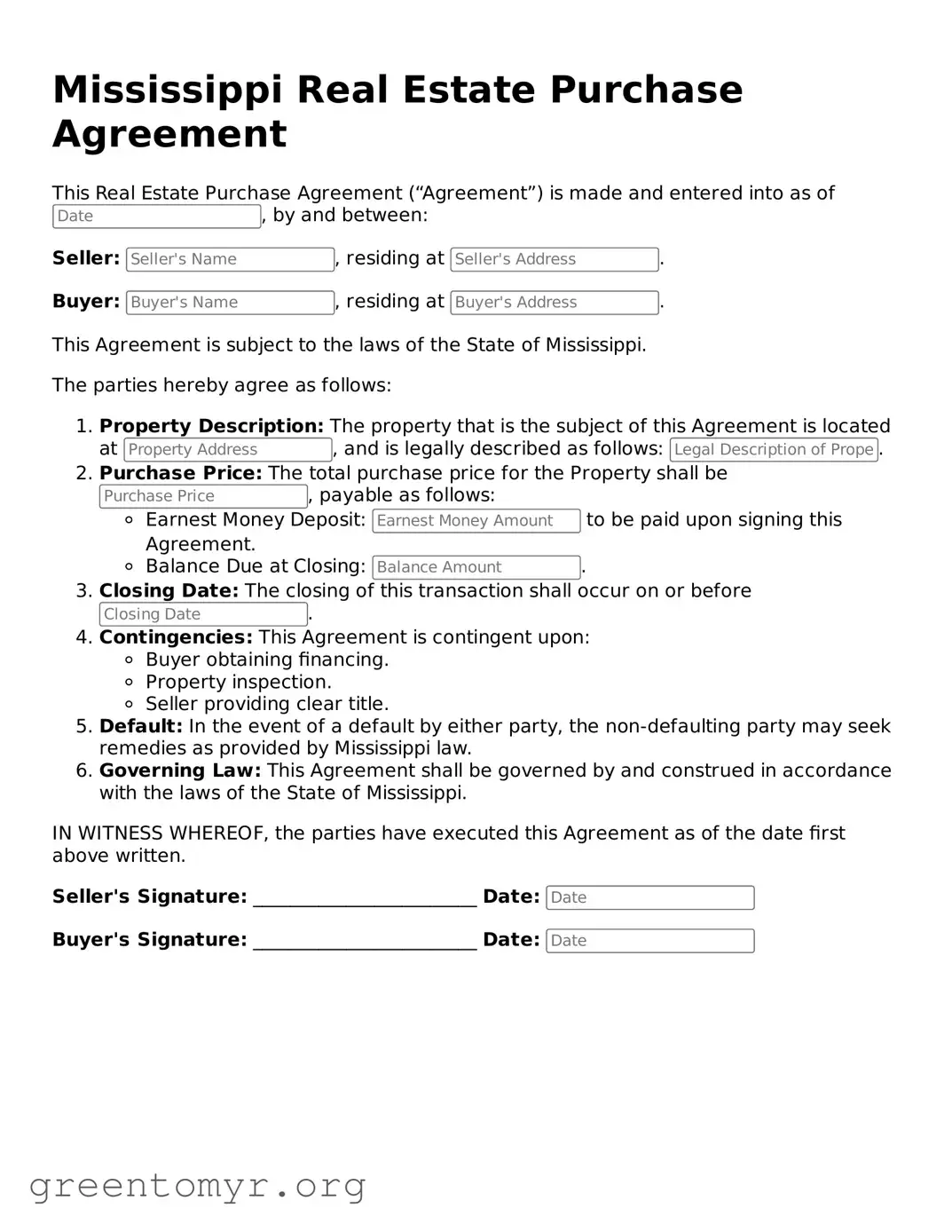 Real Estate Purchase Agreement Form for the State of Mississippi