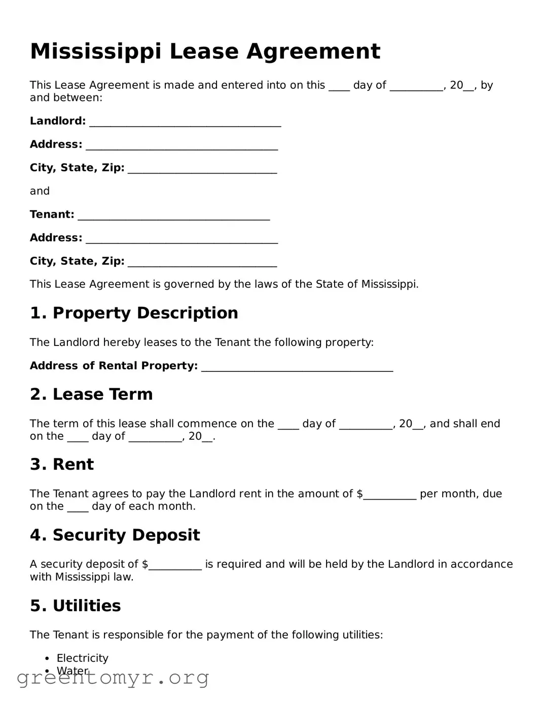 Lease Agreement Form for the State of Mississippi