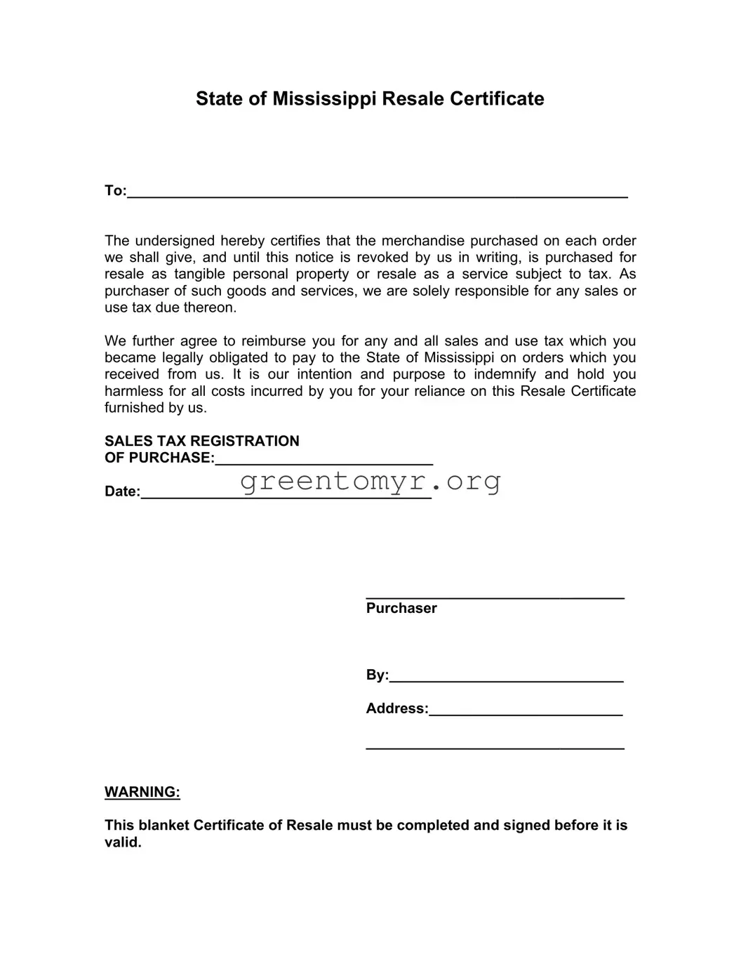 Fill in a Valid Mississippi Resale Certificate Template