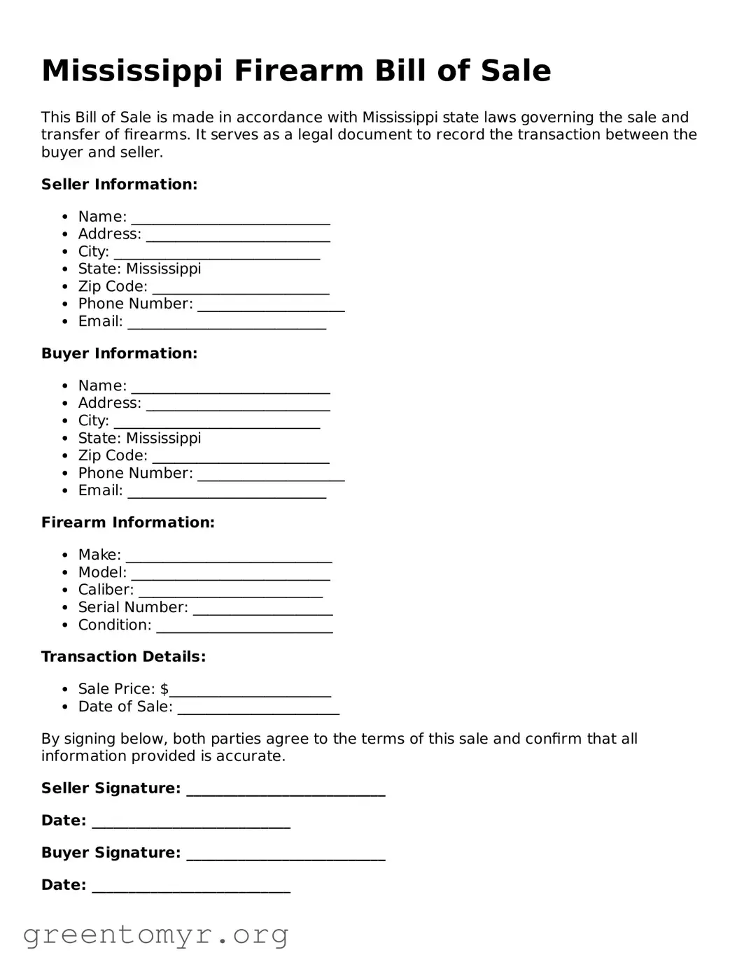 Firearm Bill of Sale Form for the State of Mississippi