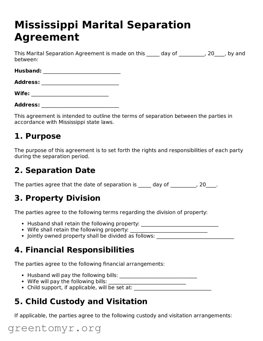 Marital Separation Agreement Form for the State of Mississippi