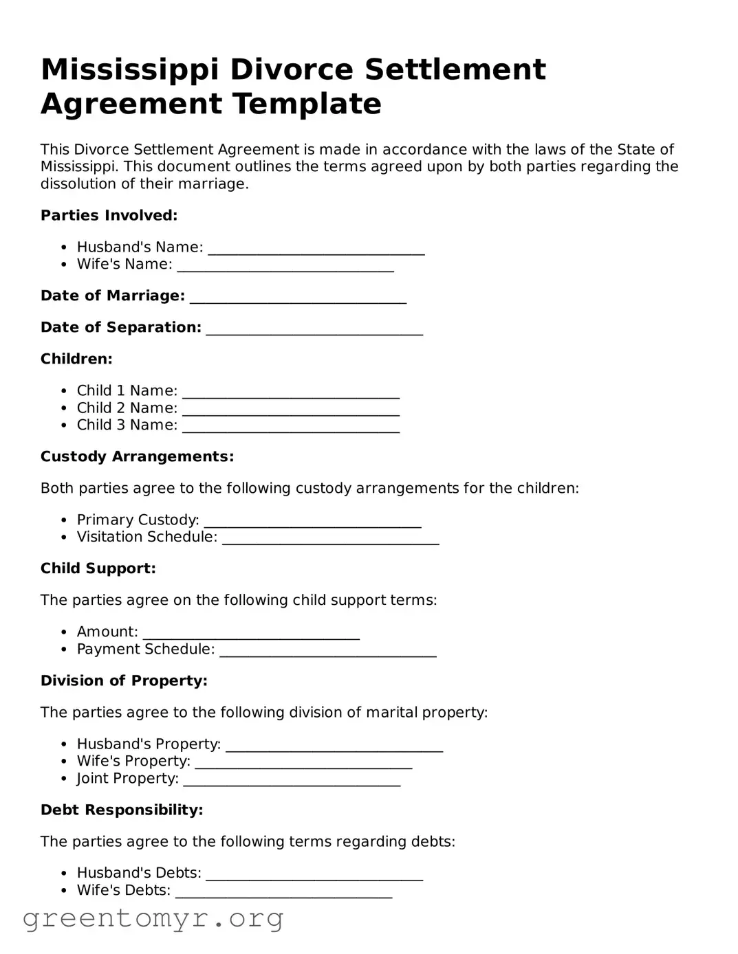 Divorce Settlement Agreement Form for the State of Mississippi