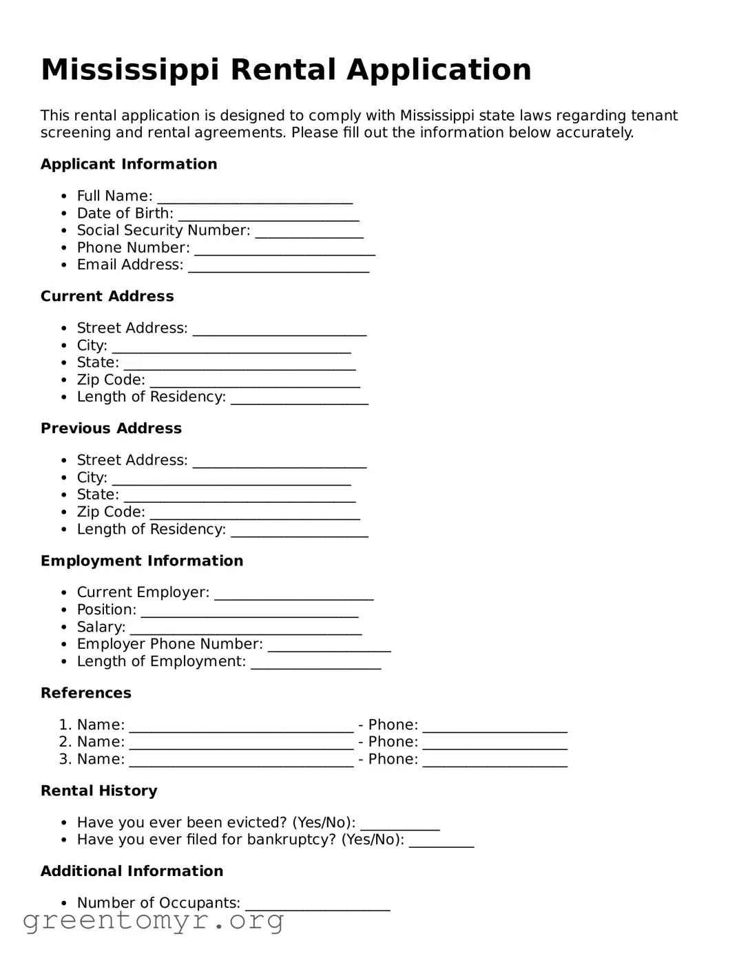 Rental Application Form for the State of Mississippi