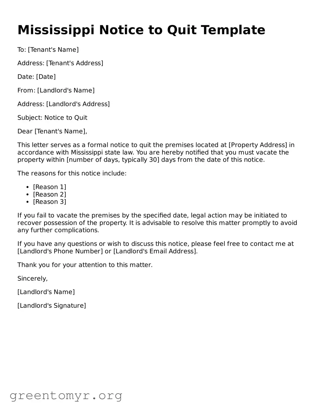 Notice to Quit Form for the State of Mississippi