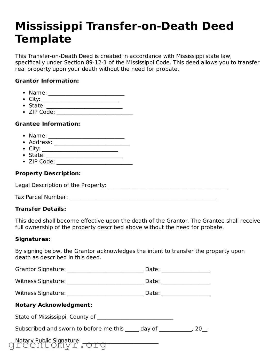 Transfer-on-Death Deed Form for the State of Mississippi