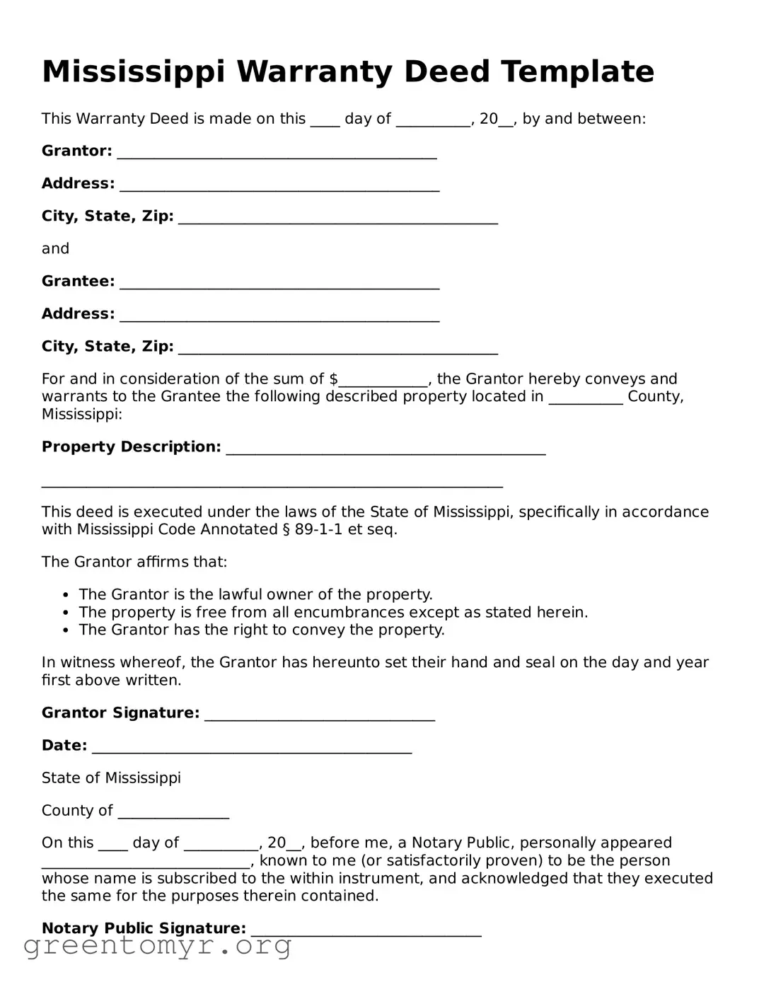 Deed Form for the State of Mississippi