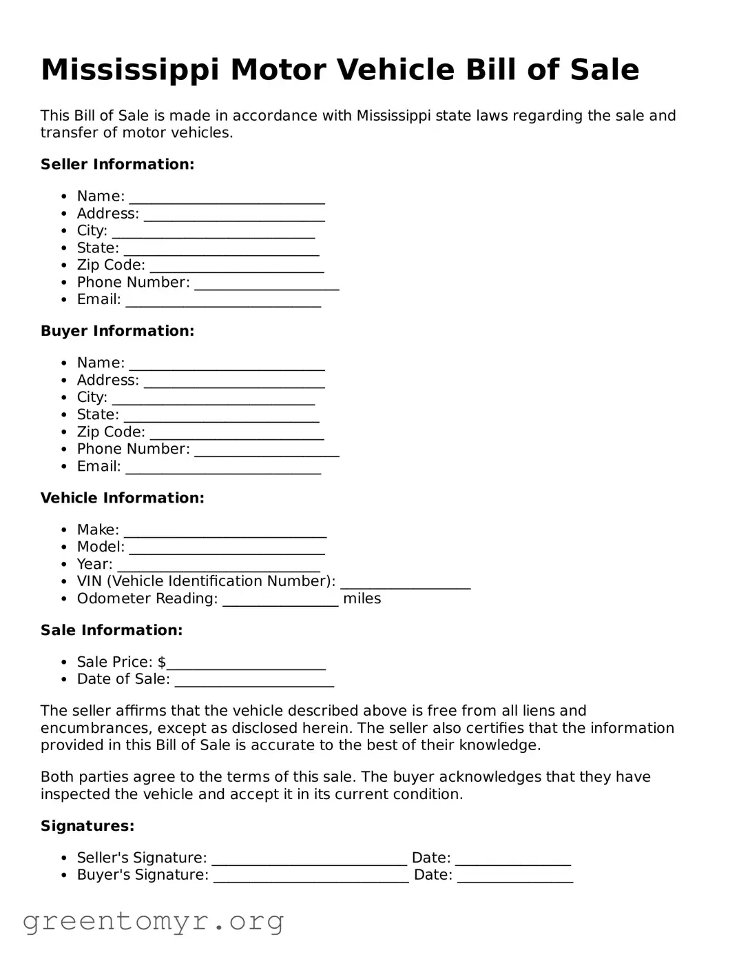 Motor Vehicle Bill of Sale Form for the State of Mississippi