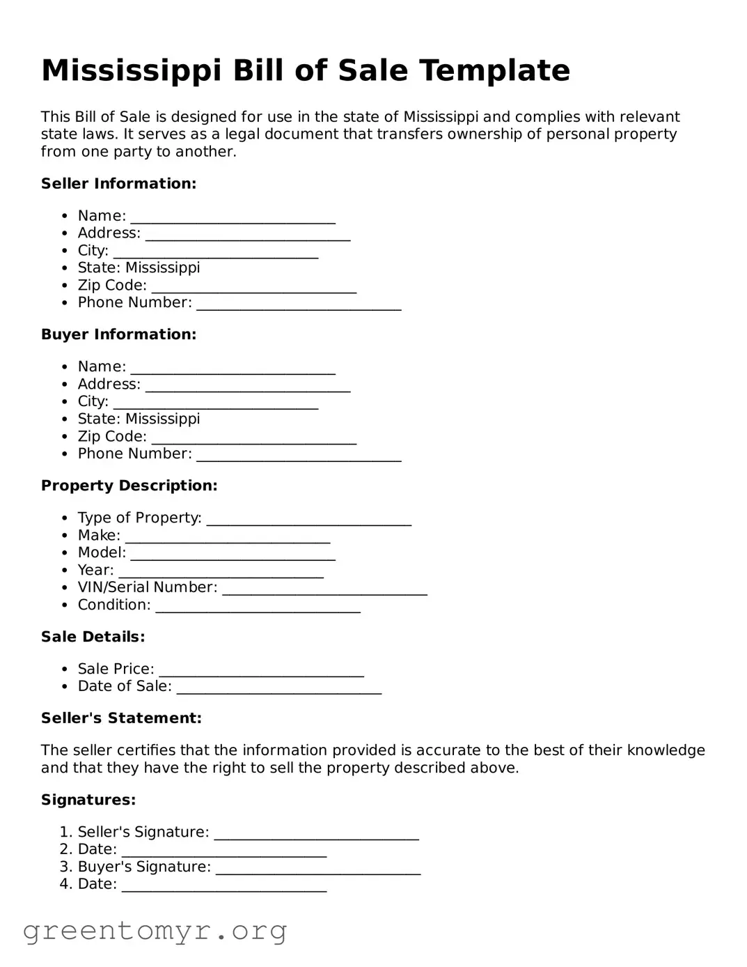 Bill of Sale Form for the State of Mississippi