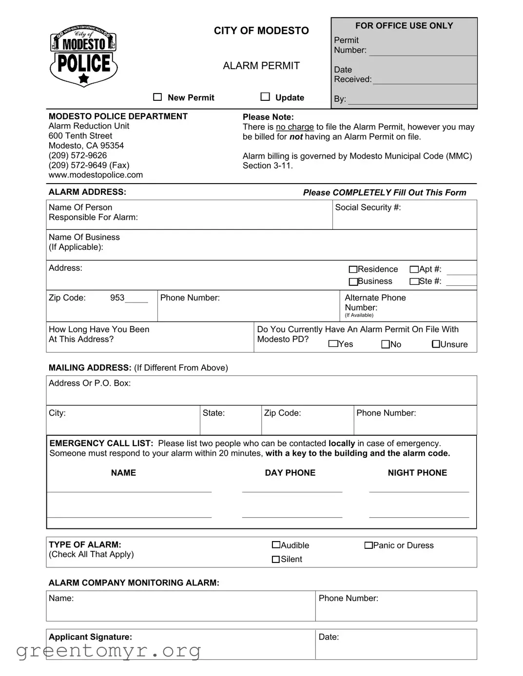 Fill in a Valid Modesto Alarm Permit Template