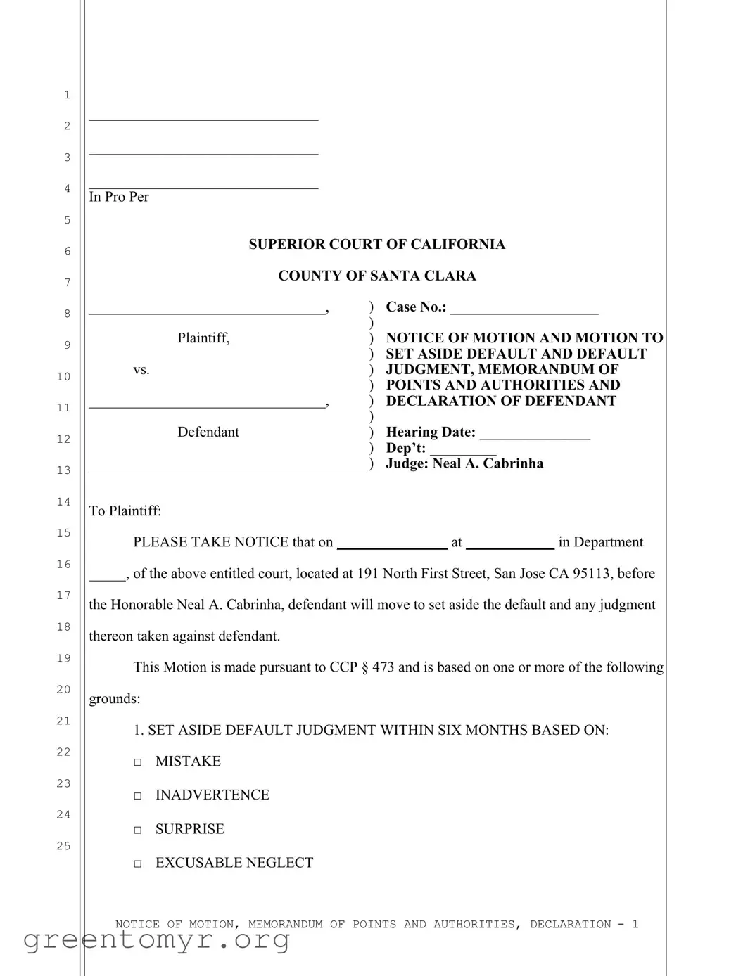 Fill in a Valid California Motion Set Aside Template