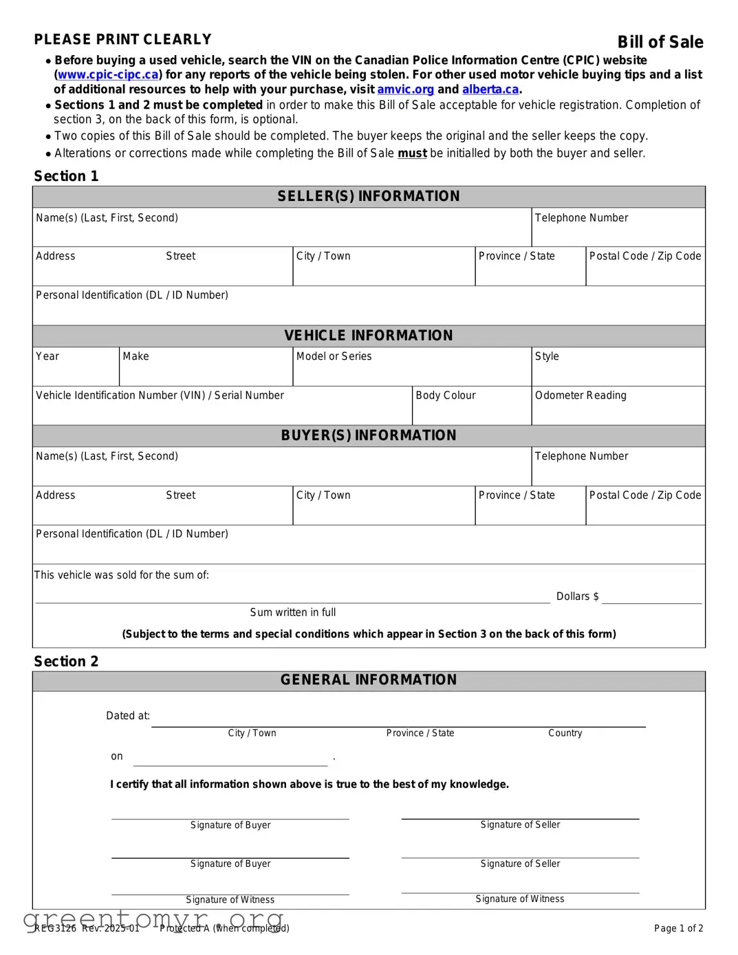 Fill in a Valid Alberta Bill Sale Template