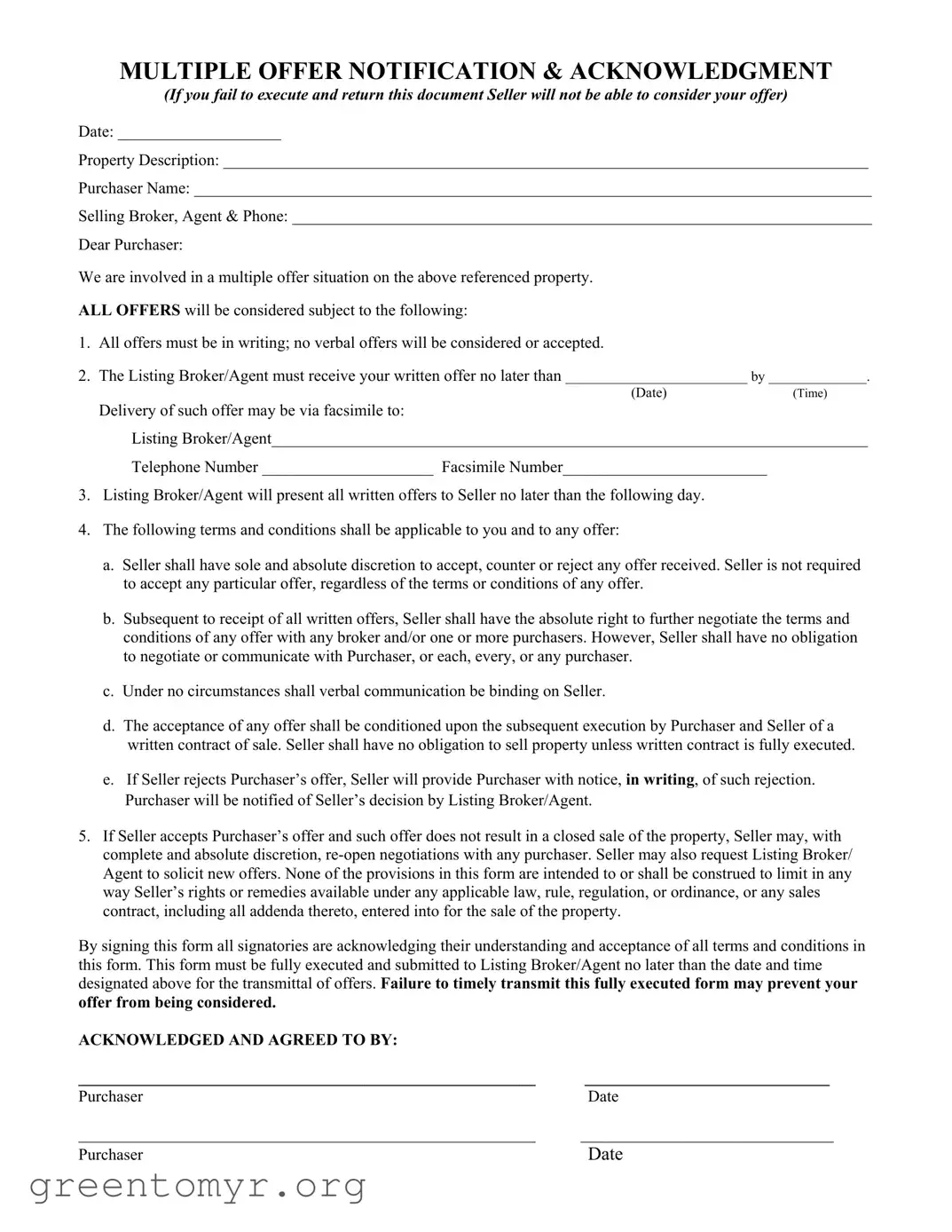 Fill in a Valid Multiple Offer Notification Template