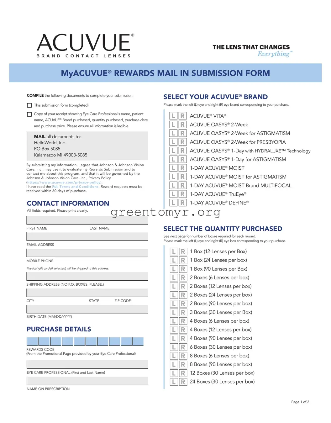 Fill in a Valid Myacuvue Rewards Template