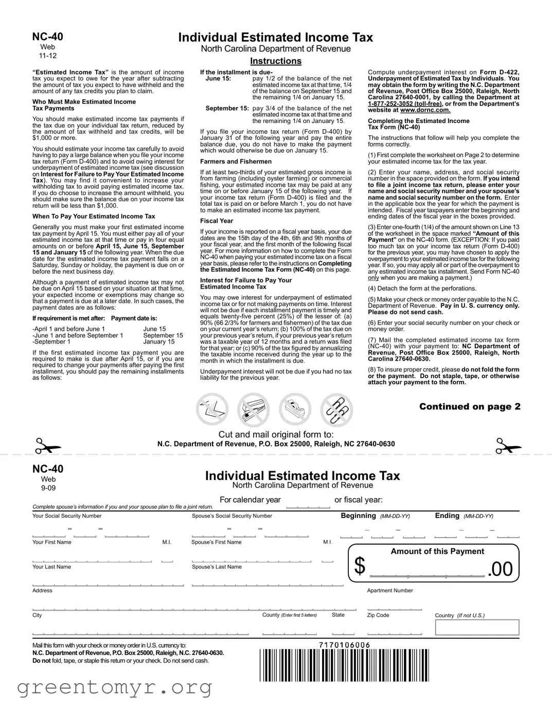 Fill in a Valid Nc Estimated Tax Payment Template