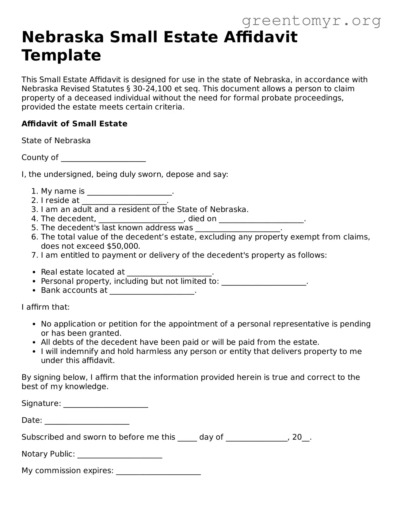 Small Estate Affidavit Form for the State of Nebraska