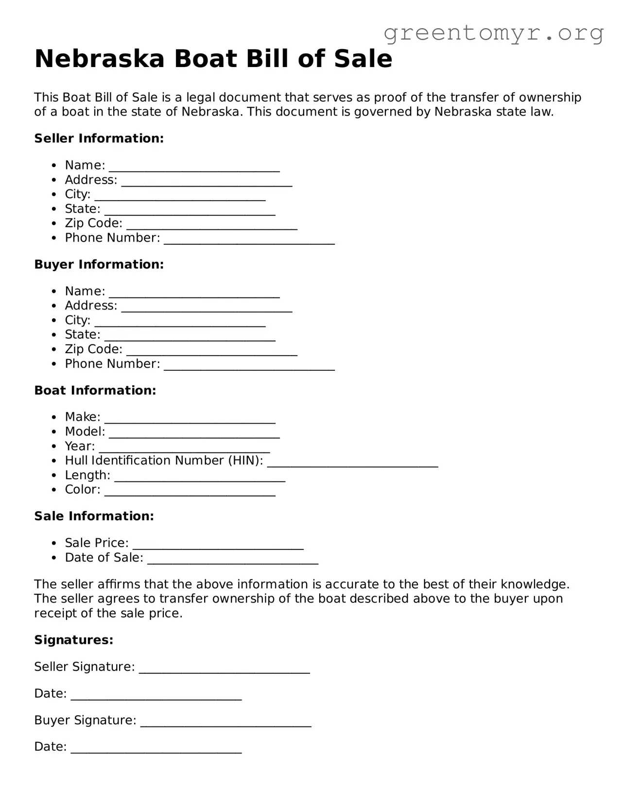 Boat Bill of Sale Form for the State of Nebraska