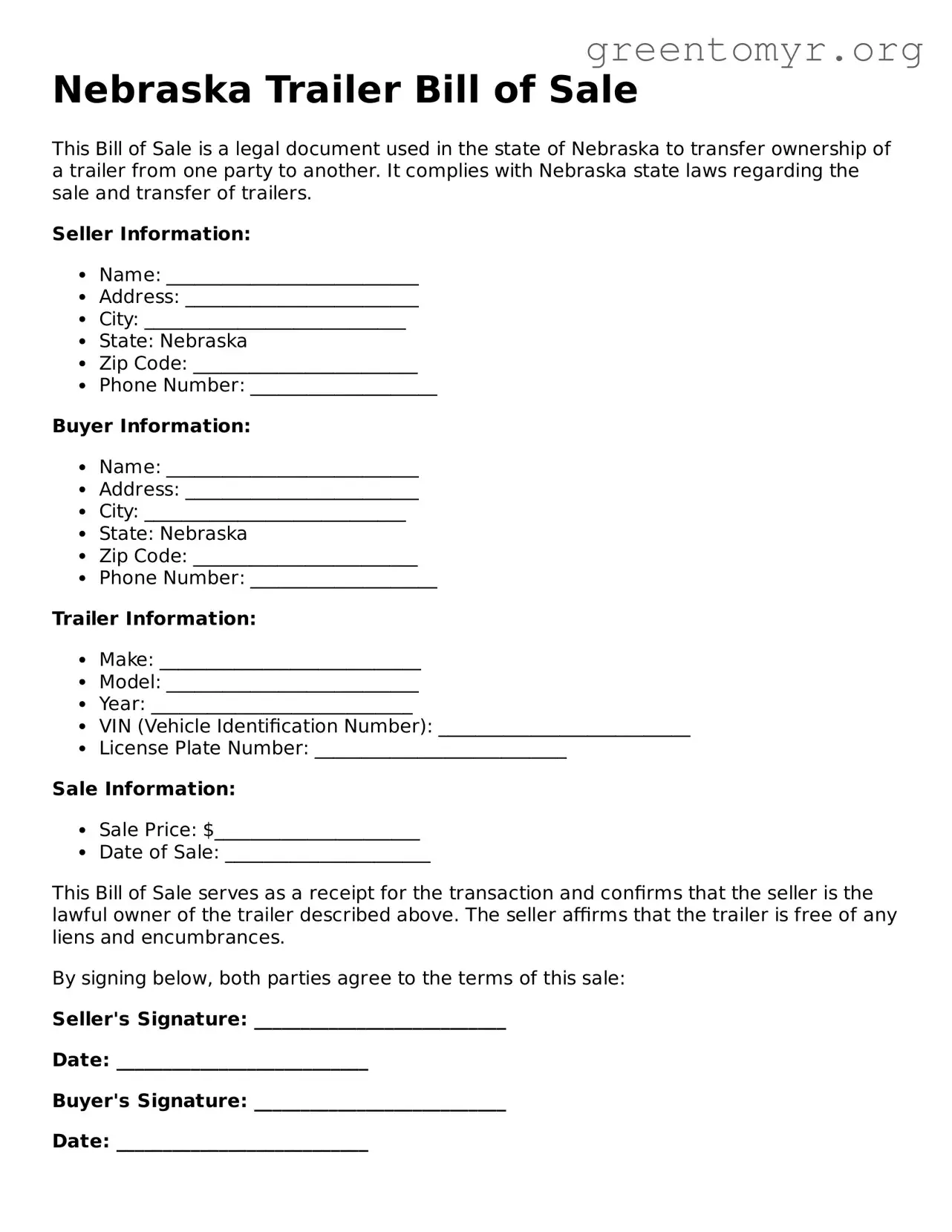 Trailer Bill of Sale Form for the State of Nebraska