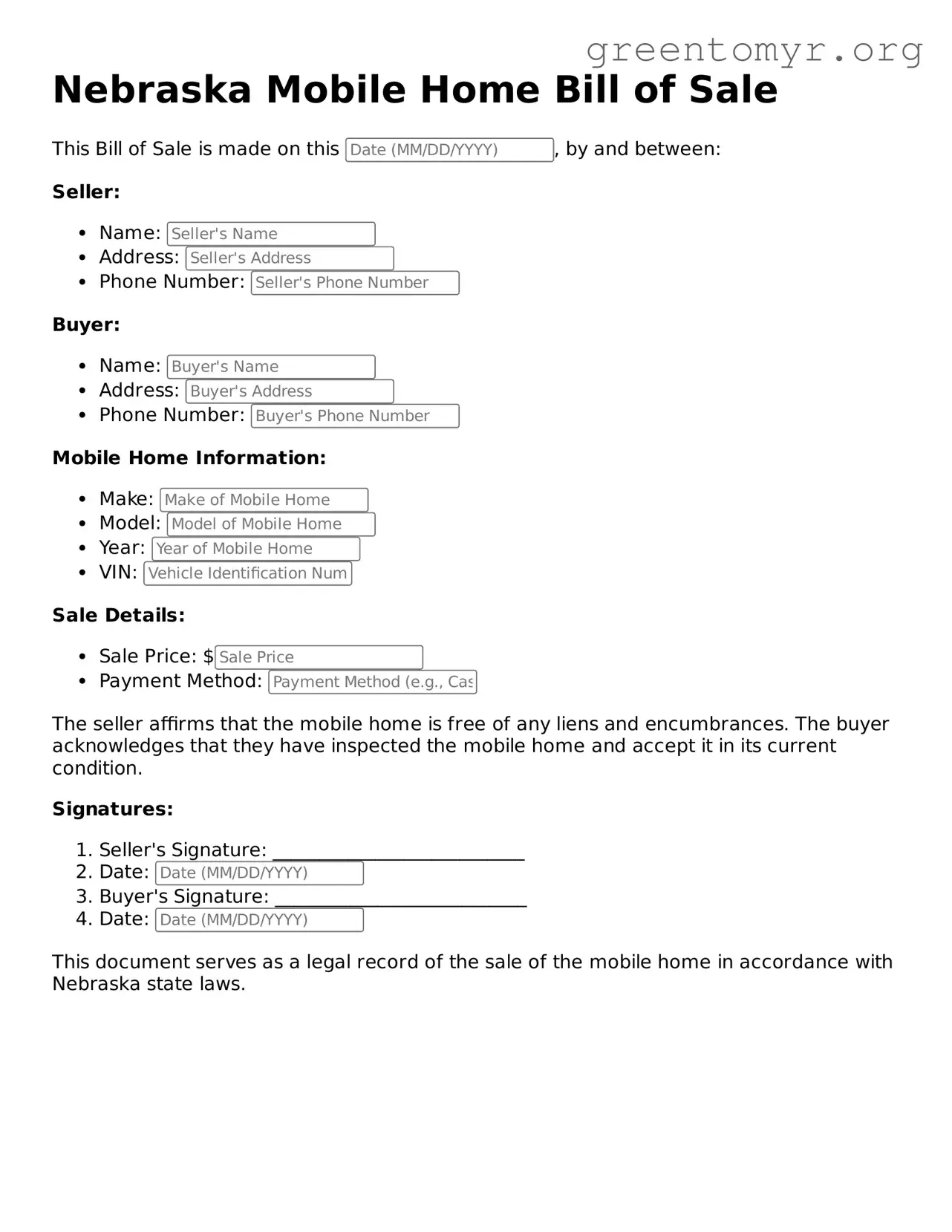 Mobile Home Bill of Sale Form for the State of Nebraska