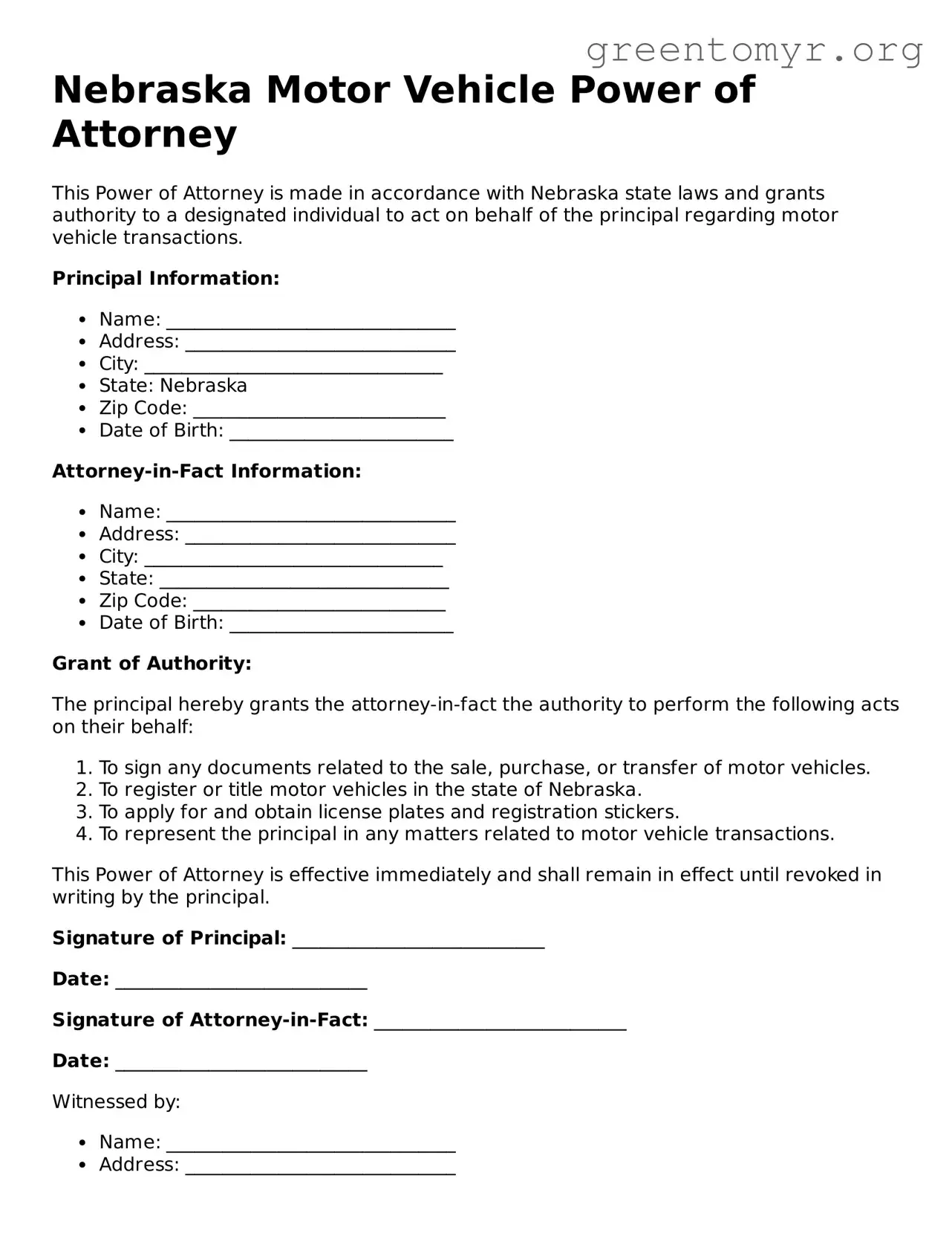 Motor Vehicle Power of Attorney Form for the State of Nebraska