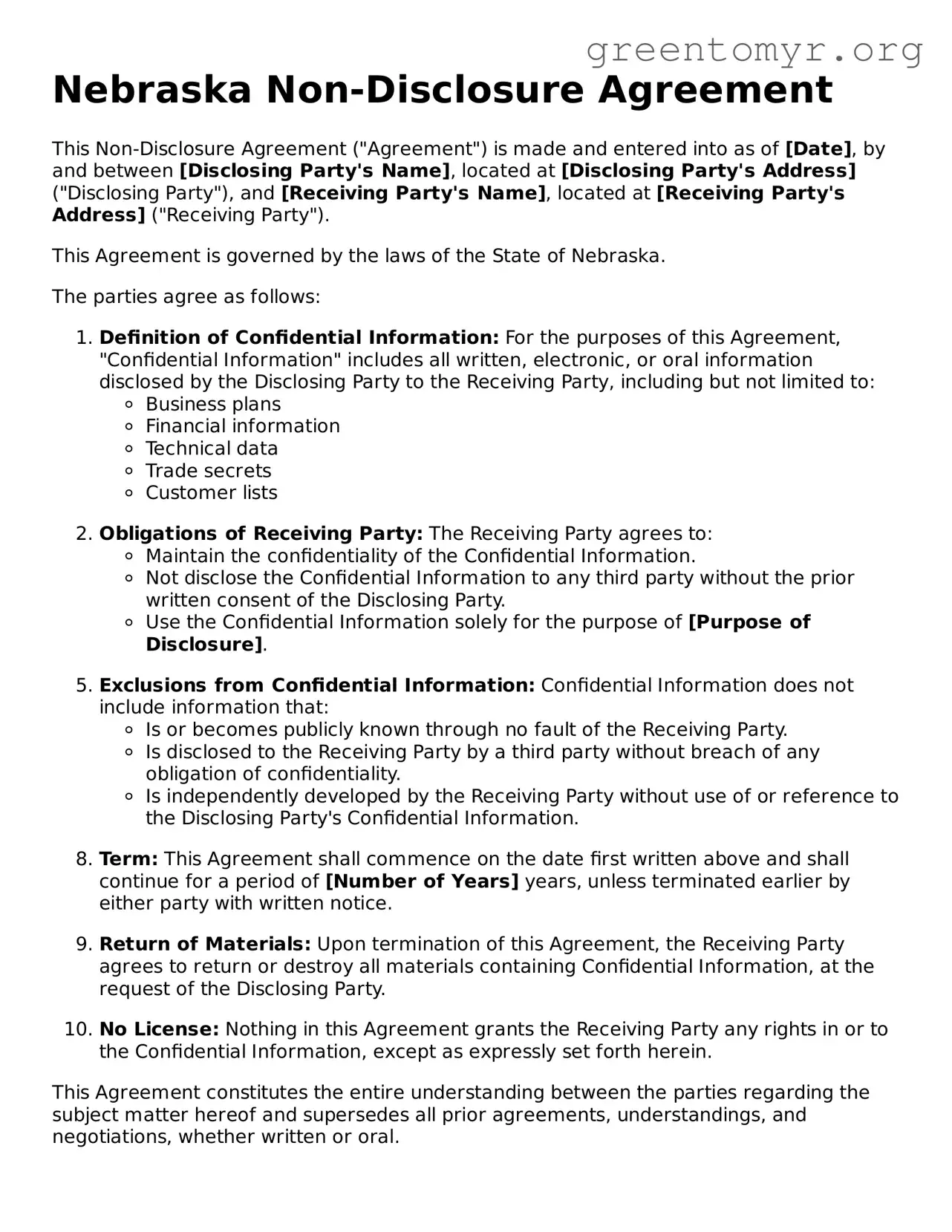 Non-disclosure Agreement Form for the State of Nebraska
