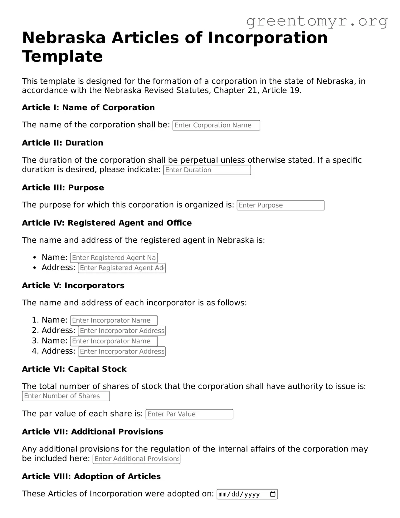 Articles of Incorporation Form for the State of Nebraska