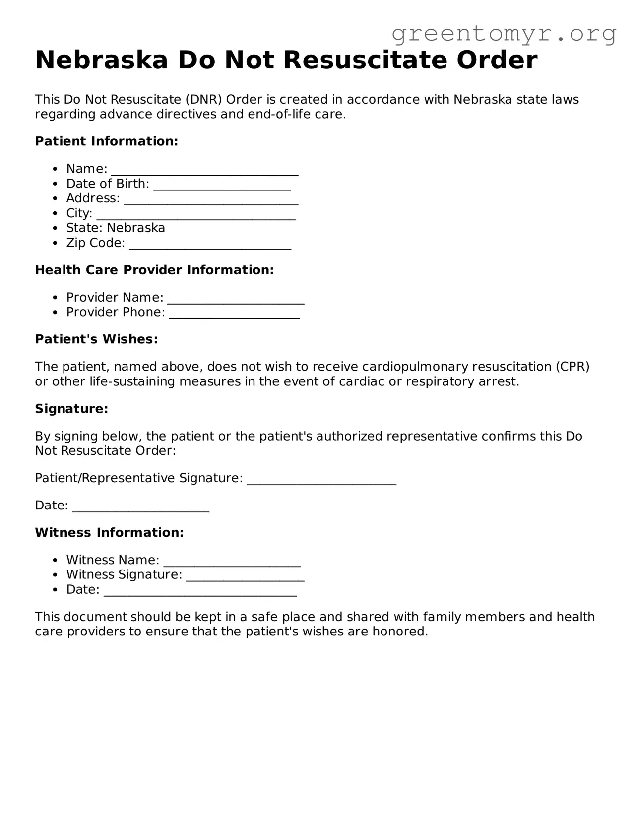 Do Not Resuscitate Order Form for the State of Nebraska
