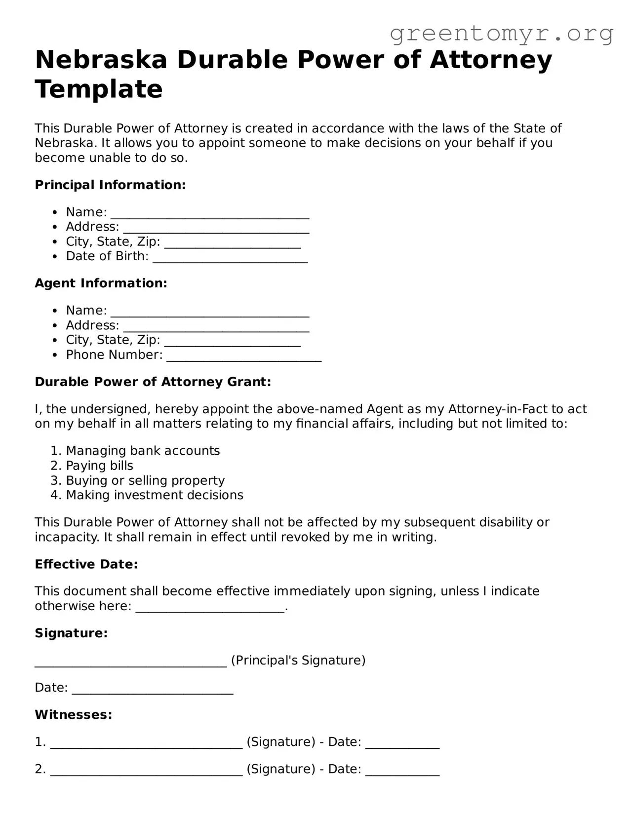 Durable Power of Attorney Form for the State of Nebraska