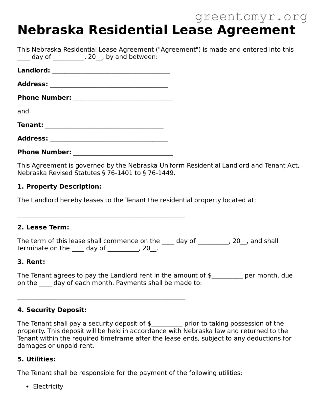 Residential Lease Agreement Form for the State of Nebraska