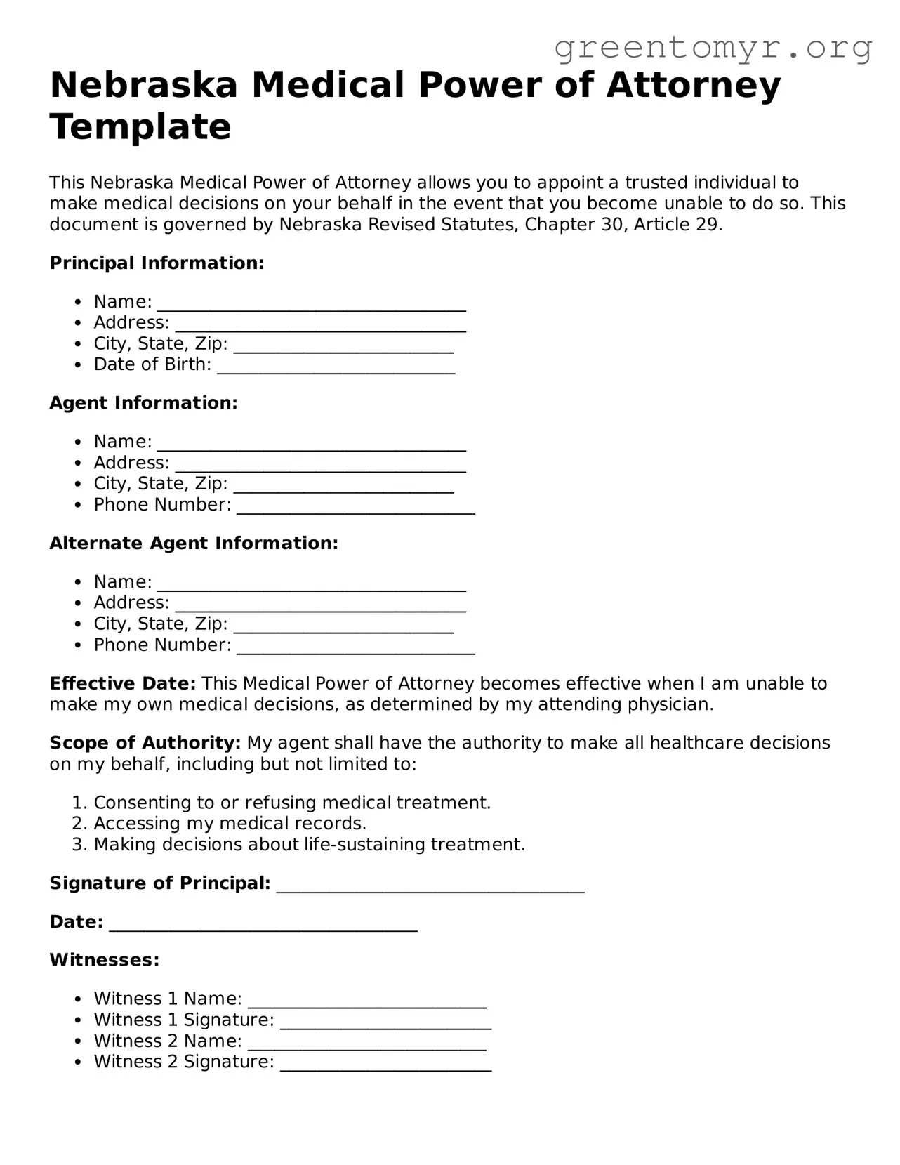 Medical Power of Attorney Form for the State of Nebraska