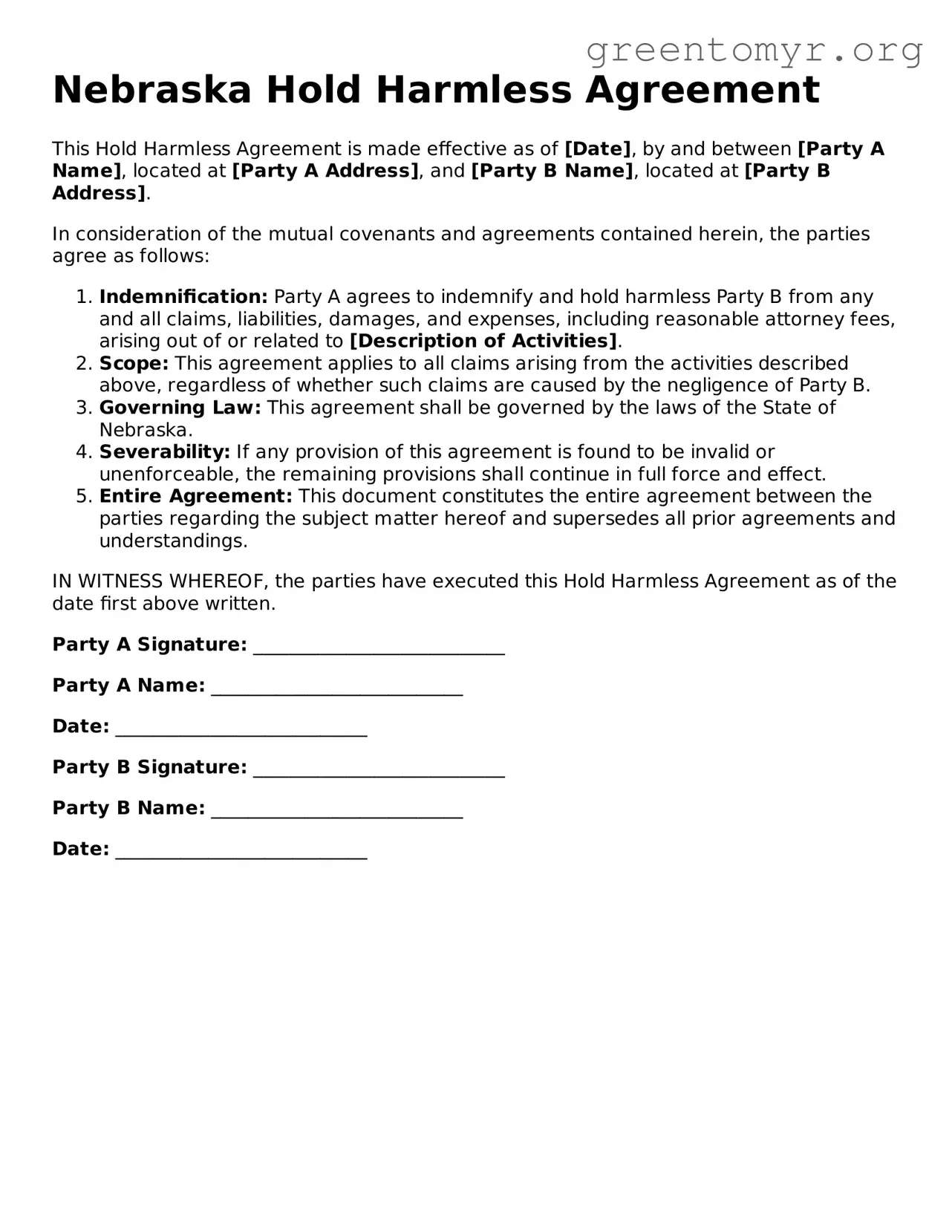 Hold Harmless Agreement Form for the State of Nebraska