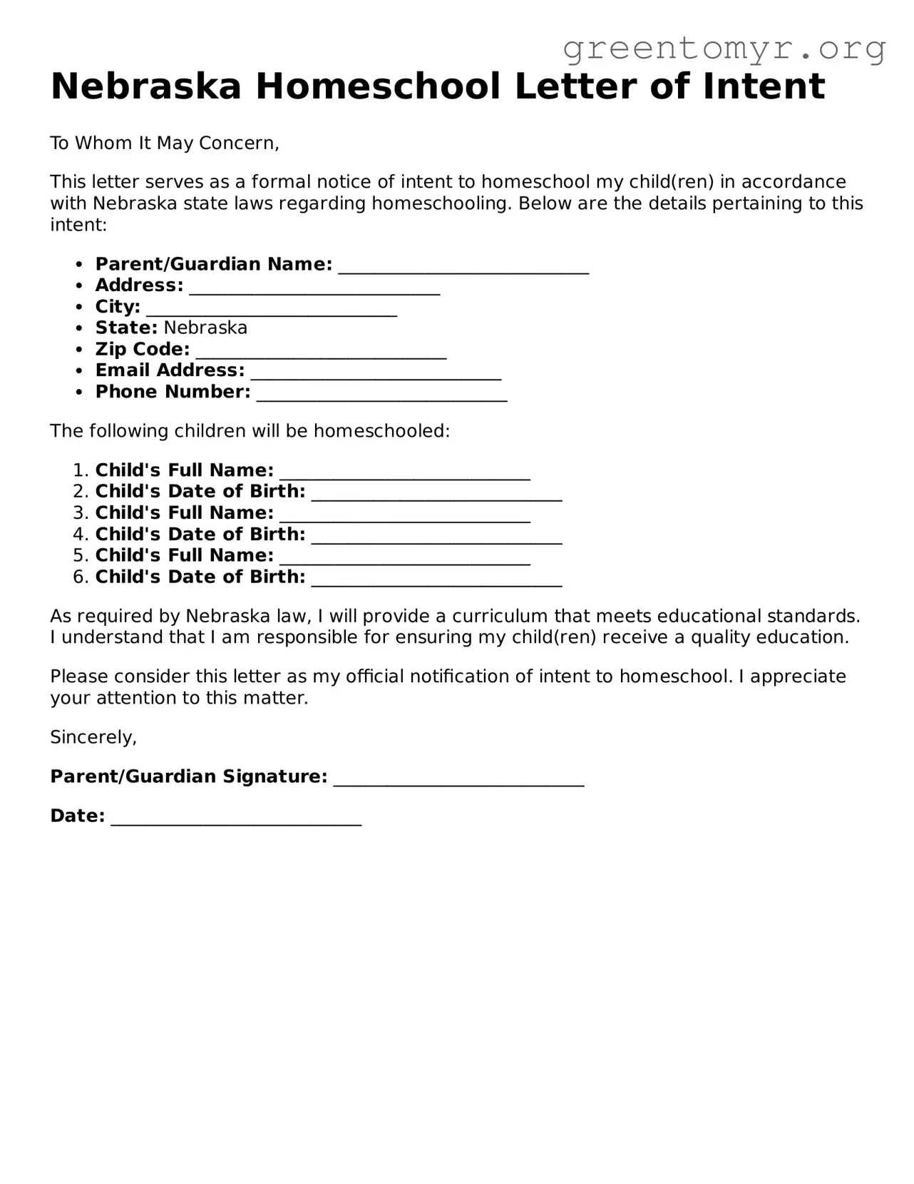 Homeschool Letter of Intent Form for the State of Nebraska
