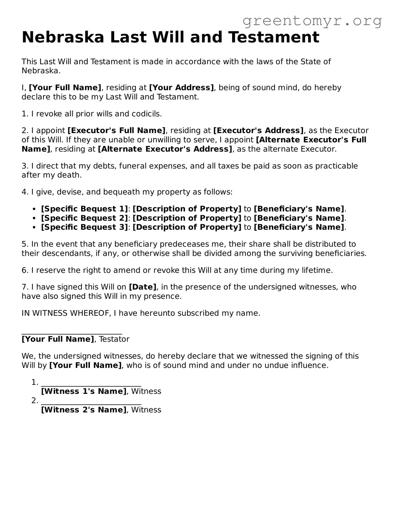 Last Will and Testament Form for the State of Nebraska