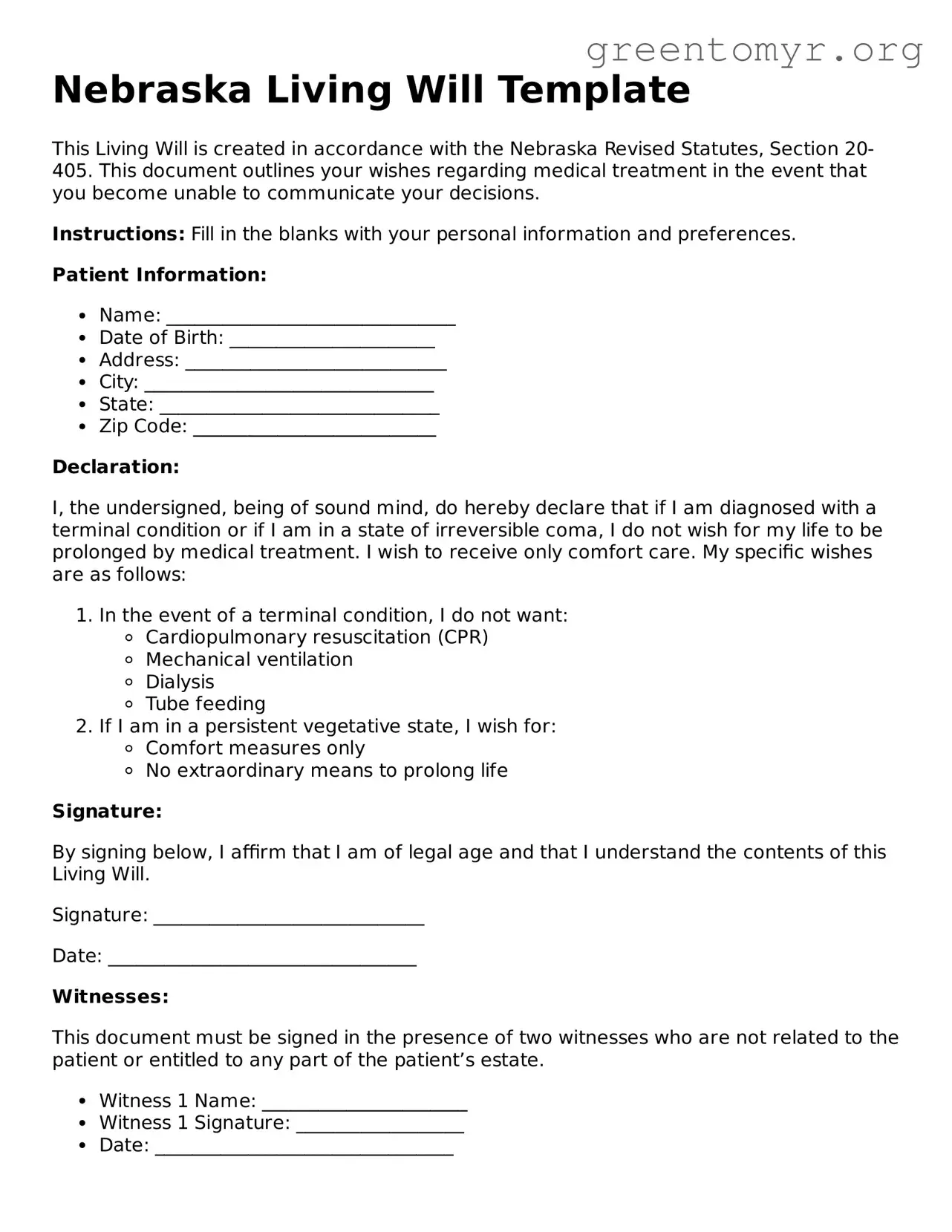 Living Will Form for the State of Nebraska