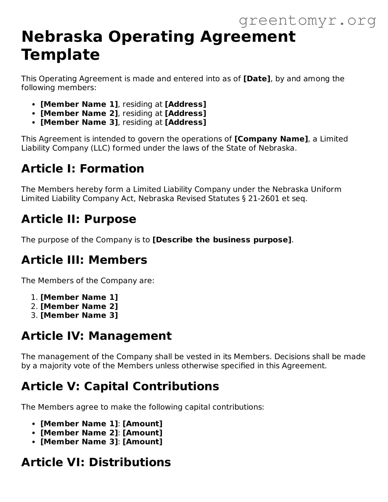 Operating Agreement Form for the State of Nebraska