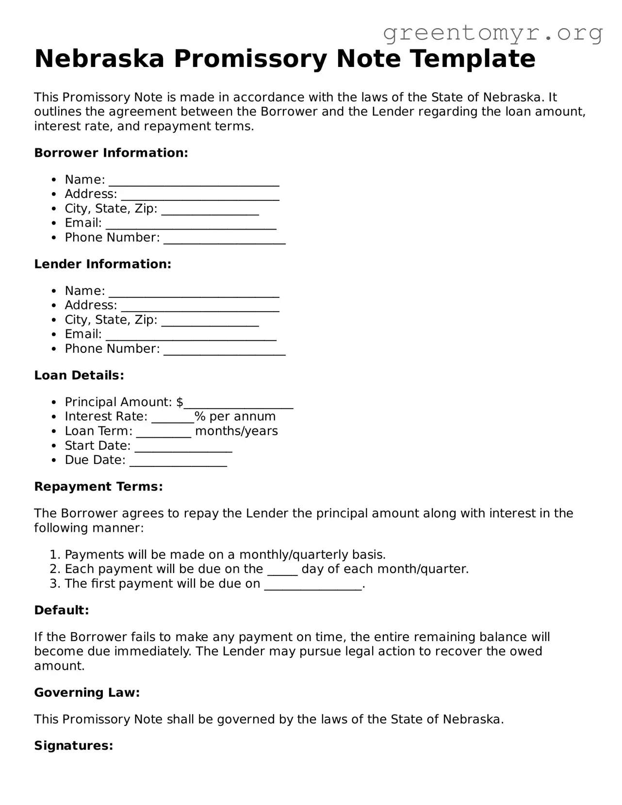 Promissory Note Form for the State of Nebraska