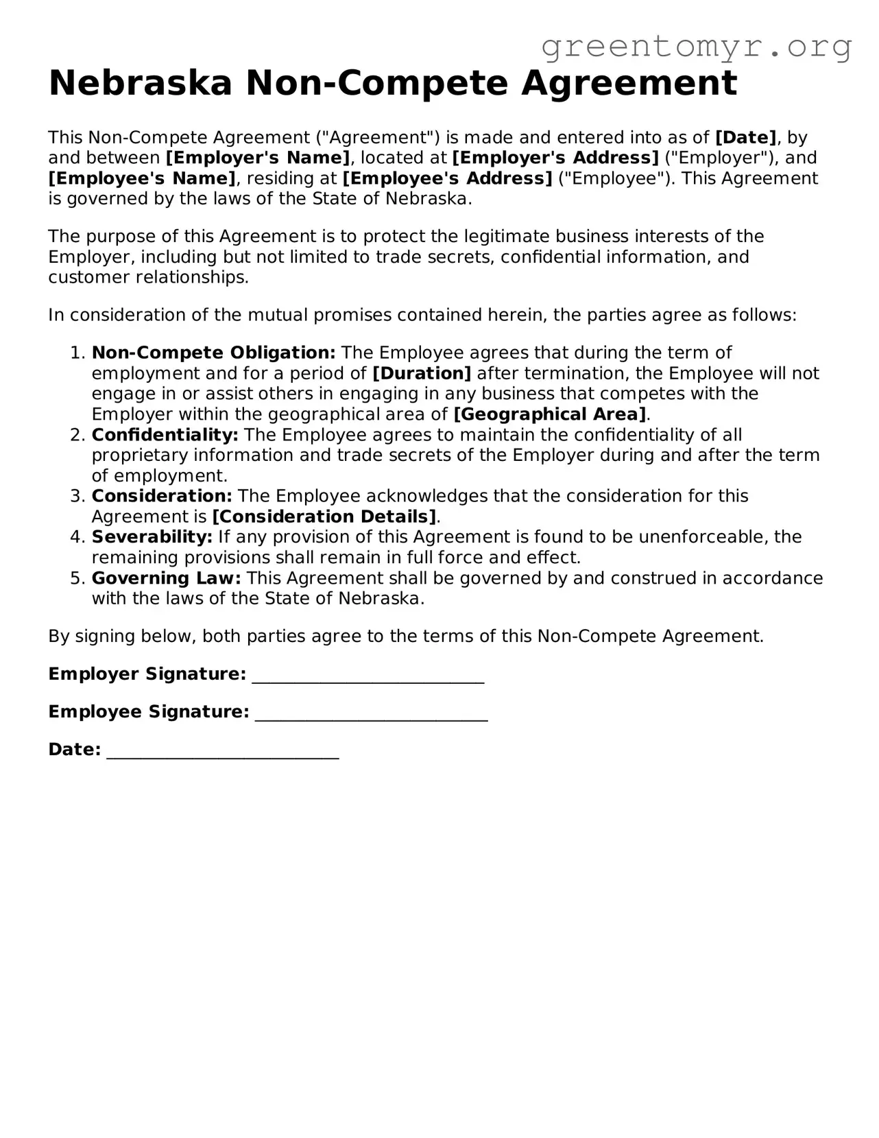 Non-compete Agreement Form for the State of Nebraska