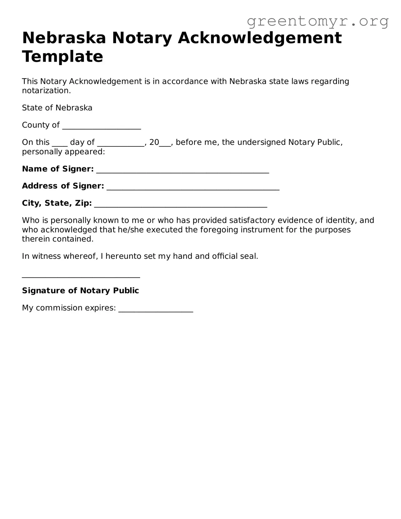 Notary Acknowledgement Form for the State of Nebraska