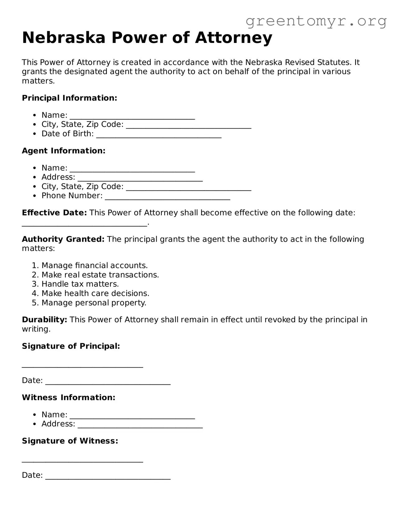 Power of Attorney Form for the State of Nebraska