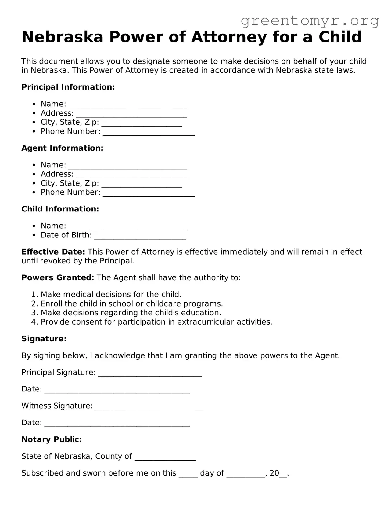 Power of Attorney for a Child Form for the State of Nebraska