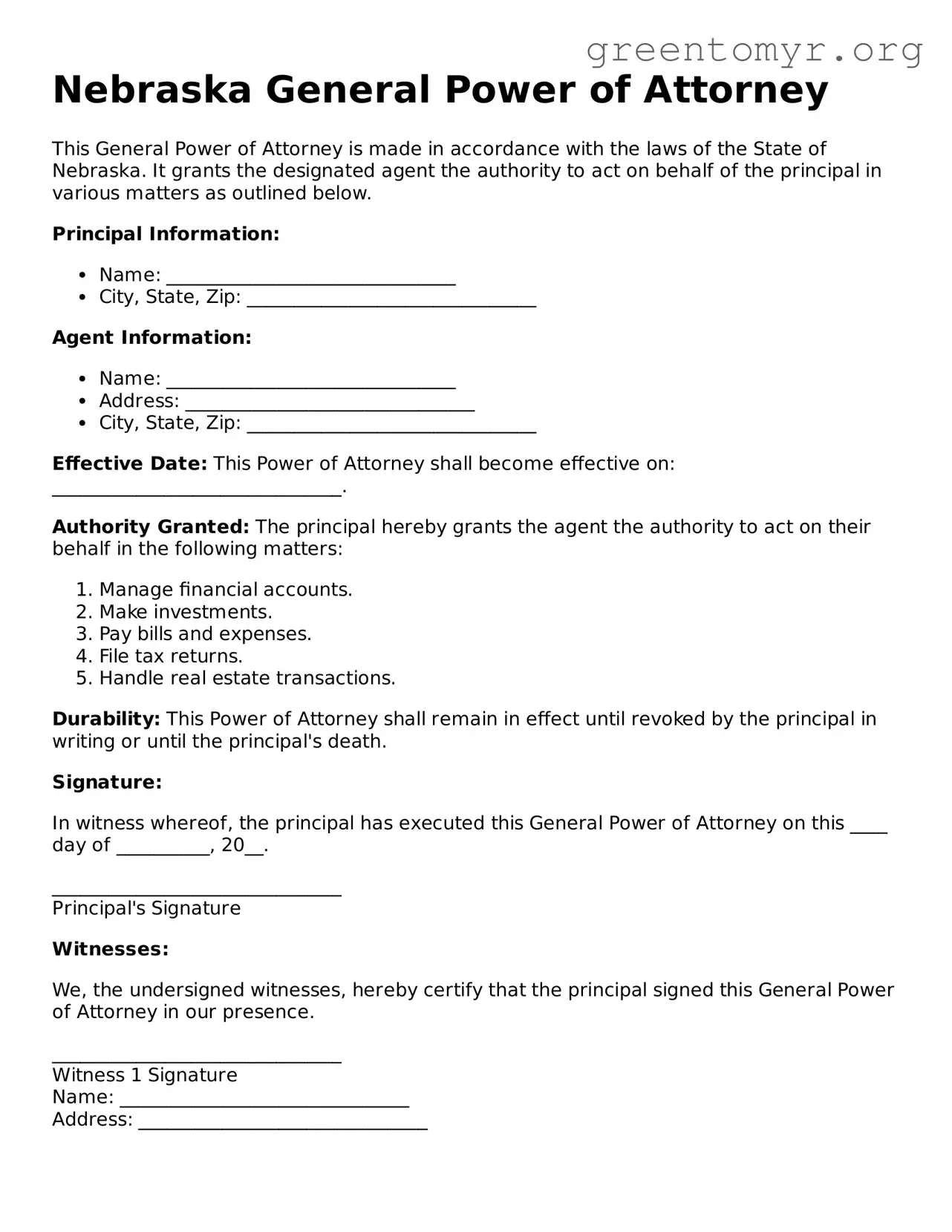 General Power of Attorney Form for the State of Nebraska