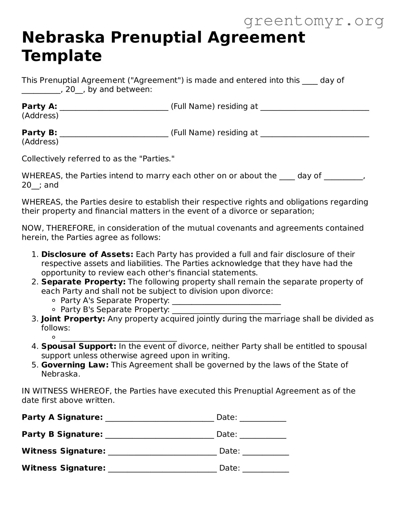 Prenuptial Agreement Form for the State of Nebraska