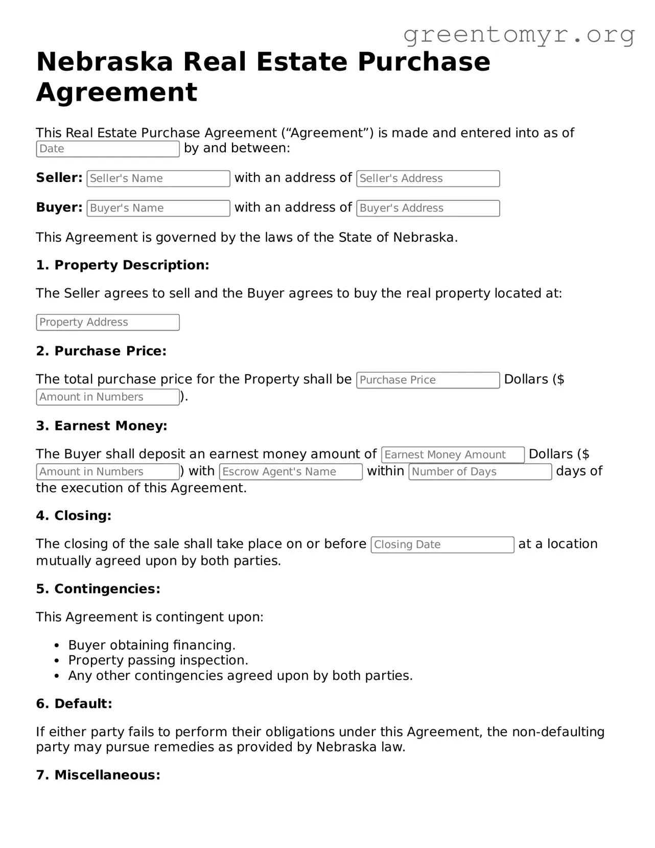 Real Estate Purchase Agreement Form for the State of Nebraska