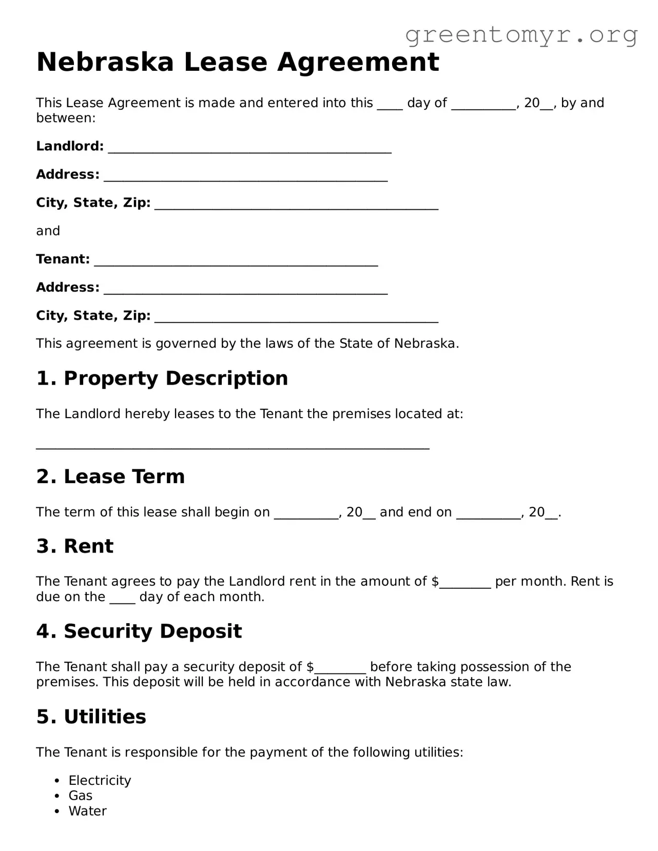 Lease Agreement Form for the State of Nebraska
